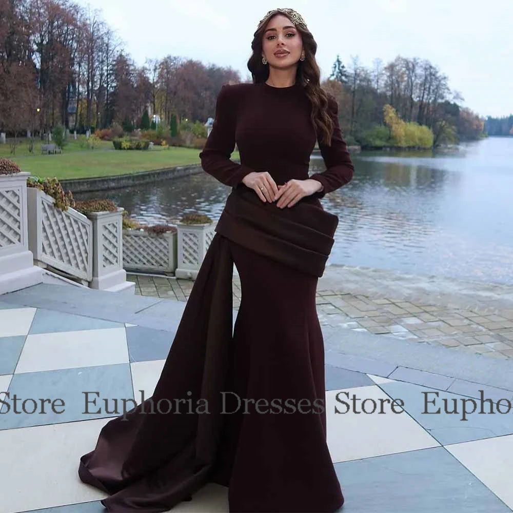 Classic Special Occasion Dresses Jersey Mermaid/Trumpet Formal Evening Dress Burgundy O-Neck Draped Pleat Prom Dress for Ladies
