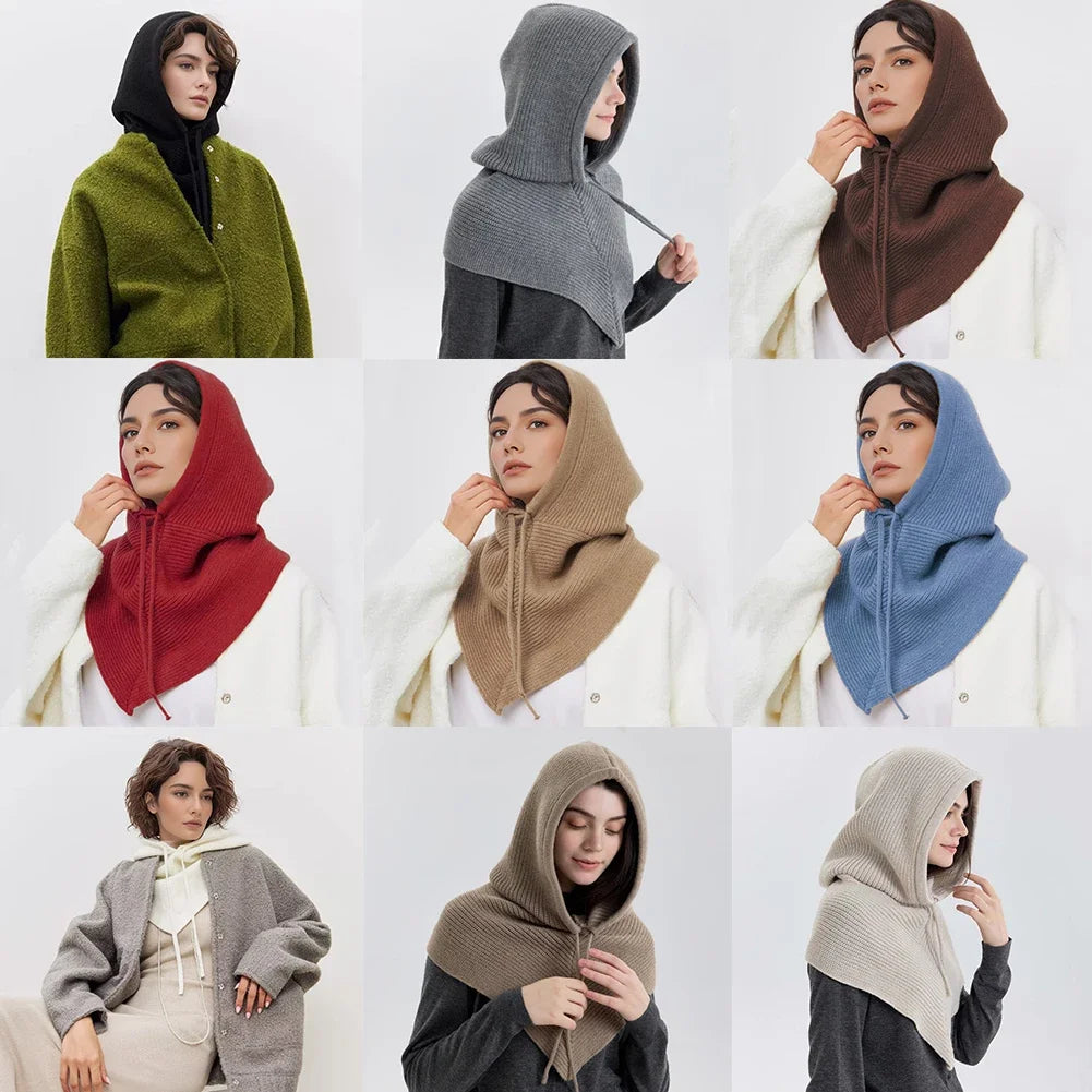 Winter Balaclava Hat Scarf for Women Warm Knitted Hooded Caps Outdoor Warm One-Piece Neck Collar Beanies Hats for Girls