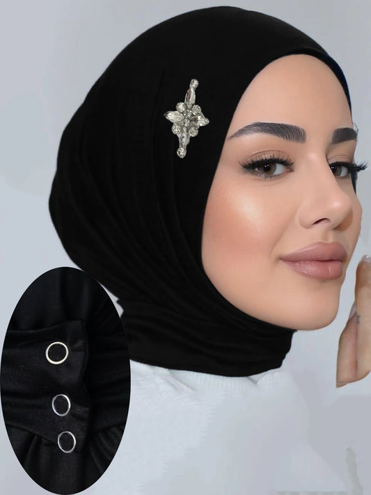 Ready to Wear Instant Hijab with Crystal Flower Full Cover Inner Instant Jersey Scarf With Tie Back Buttons Muslim