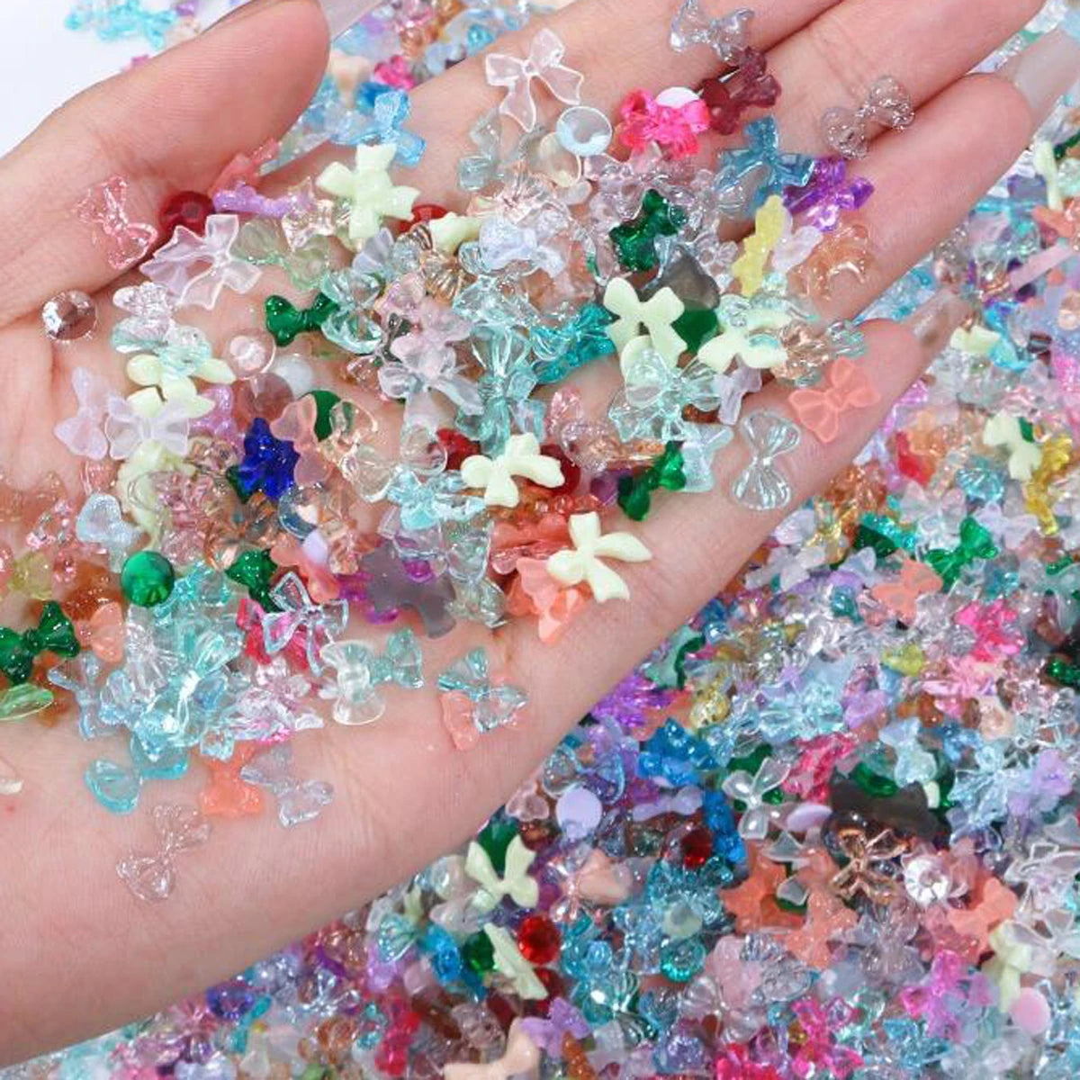 50g/Bag 3D Mixed Aurora Resin Bow/Flower Nail Charms Colorful Butterfly/Ribbon Nail Art Rhinestones DIY Manicure Accessories