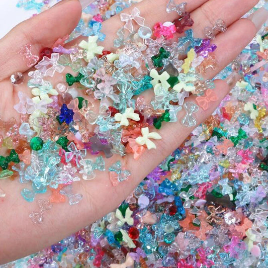 50g/Bag 3D Mixed Aurora Resin Bow/Flower Nail Charms Colorful Butterfly/Ribbon Nail Art Rhinestones DIY Manicure Accessories