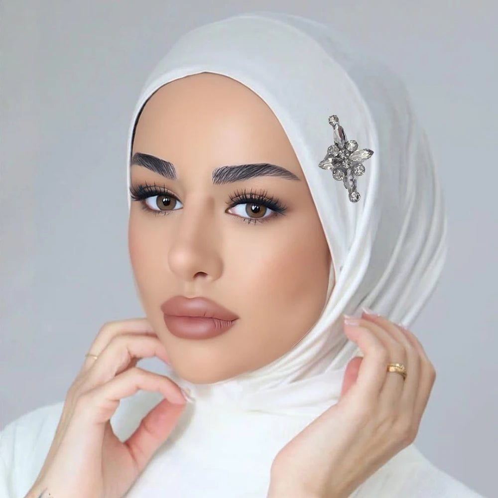 Ready to Wear Instant Hijab with Crystal Flower Full Cover Inner Instant Jersey Scarf With Tie Back Buttons Muslim