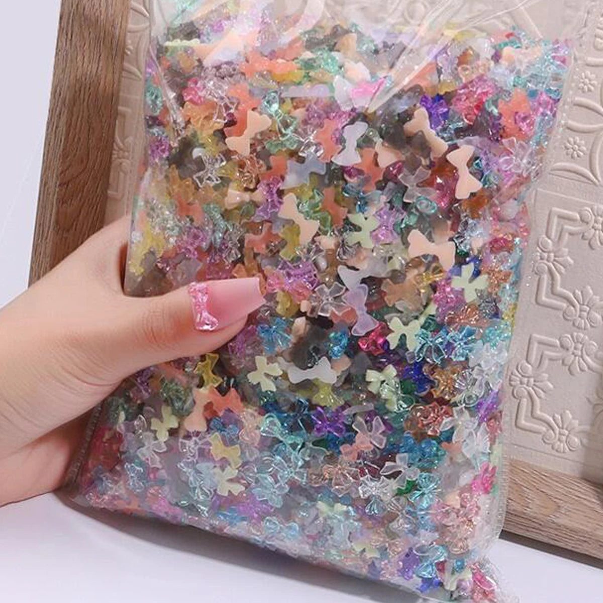 50g/Bag 3D Mixed Aurora Resin Bow/Flower Nail Charms Colorful Butterfly/Ribbon Nail Art Rhinestones DIY Manicure Accessories