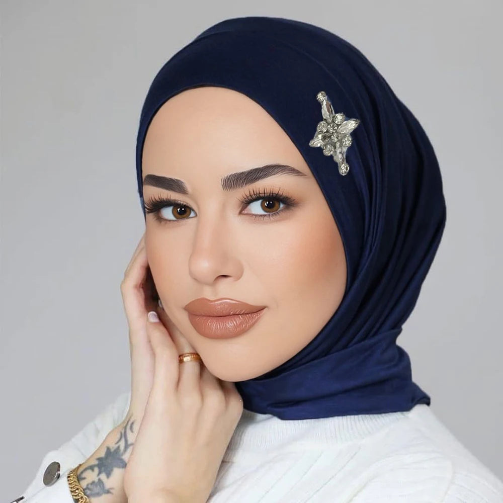 Ready to Wear Instant Hijab with Crystal Flower Full Cover Inner Instant Jersey Scarf With Tie Back Buttons Muslim