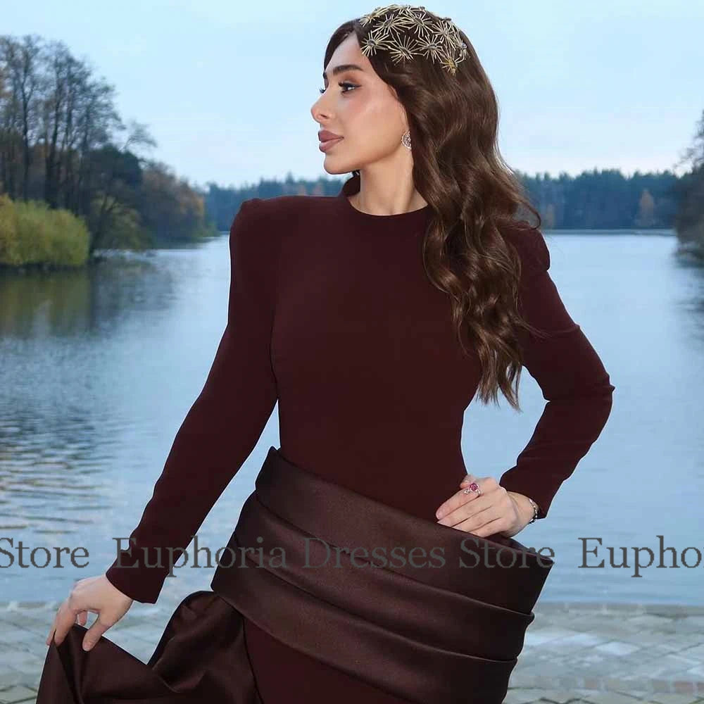 Classic Special Occasion Dresses Jersey Mermaid/Trumpet Formal Evening Dress Burgundy O-Neck Draped Pleat Prom Dress for Ladies