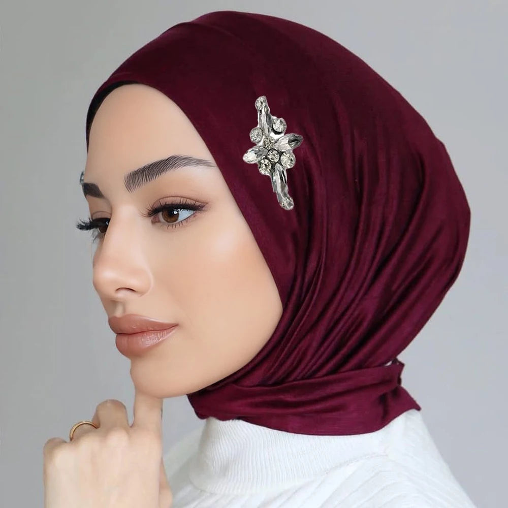 Ready to Wear Instant Hijab with Crystal Flower Full Cover Inner Instant Jersey Scarf With Tie Back Buttons Muslim