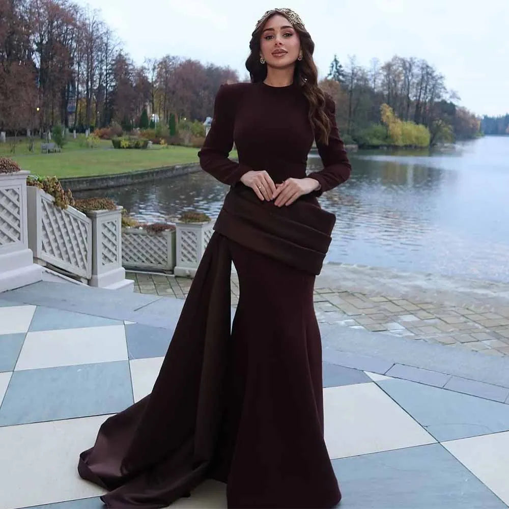 Classic Special Occasion Dresses Jersey Mermaid/Trumpet Formal Evening Dress Burgundy O-Neck Draped Pleat Prom Dress for Ladies