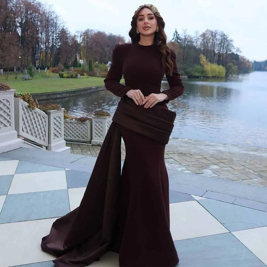 Classic Special Occasion Dresses Jersey Mermaid/Trumpet Formal Evening Dress Burgundy O-Neck Draped Pleat Prom Dress for Ladies